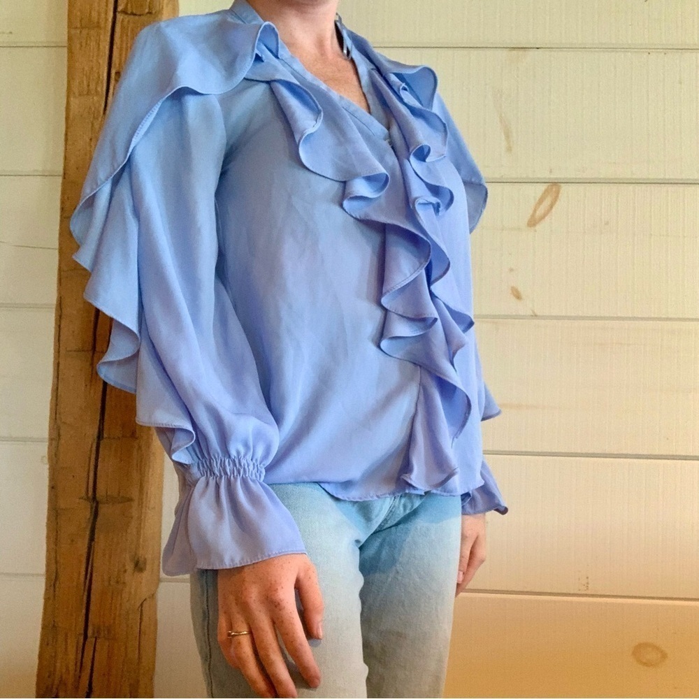 ZARA  BLUE RUFFLED LONG SLEEVE BLOUSE - Picture 2 of 7
